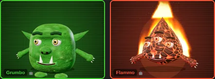 Die Computergegner Grumbo und Flammo in ihren Fenstern